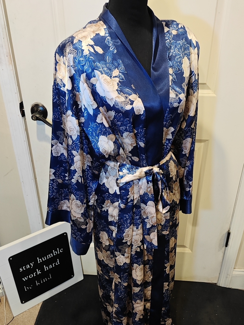 Adonna Navy Blue and Cream Floral Satin Wrap Robe
